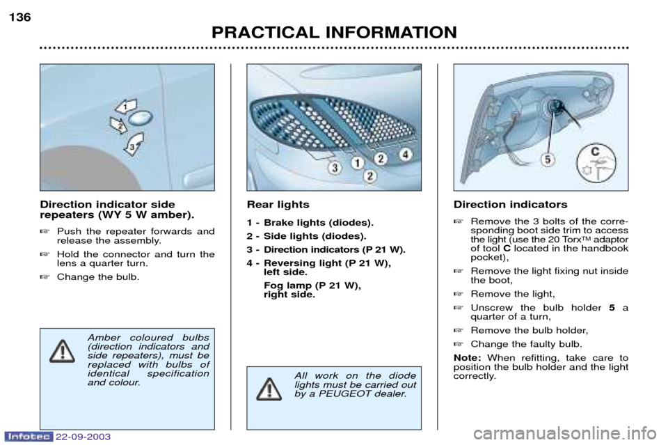 Peugeot 307 CC 2003  Owners Manual 22-09-2003
PRACTICAL INFORMATION
136
Direction indicator side 
repeaters (WY 5 W amber). 
Push the repeater forwards and 
release the assembly.
 Hold the connector and turn thelens a quarter turn.
