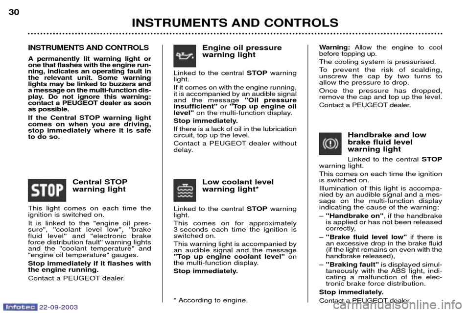 Peugeot 307 CC 2003  Owners Manual 22-09-2003
INSTRUMENTS AND CONTROLS
30
INSTRUMENTS AND CONTROLS
A permanently lit warning light or one that flashes with the engine run-ning, indicates an operating fault inthe relevant unit. Some war