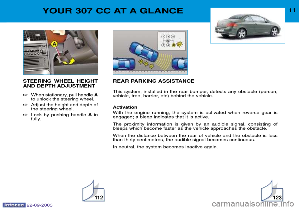 Peugeot 307 CC 2003  Owners Manual 22-09-2003
11 2123
11YOUR 307 CC AT A GLANCE
STEERING WHEEL HEIGHT 
AND DEPTH ADJUSTMENT When stationary, pull handle A
to unlock the steering wheel.
 Adjust the height and depth of the steering whe