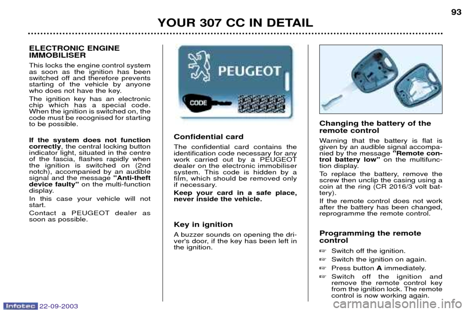 Peugeot 307 CC 2003  Owners Manual 22-09-2003
YOUR 307 CC IN DETAIL93
Confidential card  The confidential card contains the identification code necessary for anywork carried out by a PEUGEOTdealer on the electronic immobiliser
system. 