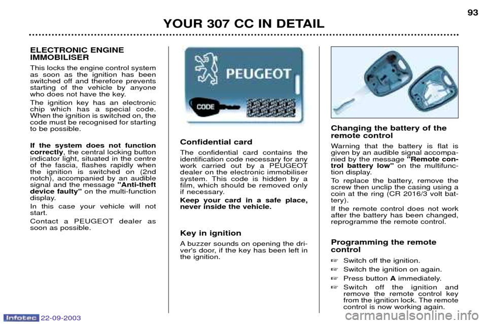 Peugeot 307 CC 2003 Owners Manual 22-09-2003
YOUR 307 CC IN DETAIL93
Confidential card  The confidential card contains the identification code necessary for anywork carried out by a PEUGEOTdealer on the electronic immobiliser
system. 
