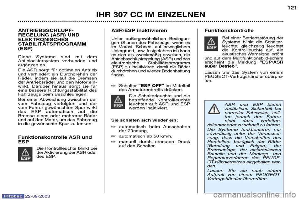 Peugeot 307 CC 2003 Betriebsanleitung (in German) 22-09-2003
IHR 307 CC IM EINZELNEN121
ANTRIEBSSCHLUPF- REGELUNG (ASR) UNDELEKTRONISCHES
STABILIT€TSPROGRAMM(ESP) Diese Systeme sind mit dem Antiblockiersystem verbunden undergŠnzen es.
Die ASR s Peugeot 307 CC 2003 Betriebsanleitung (in German) 22-09-2003
IHR 307 CC IM EINZELNEN121
ANTRIEBSSCHLUPF- REGELUNG (ASR) UNDELEKTRONISCHES
STABILIT€TSPROGRAMM(ESP) Diese Systeme sind mit dem Antiblockiersystem verbunden undergŠnzen es.
Die ASR s