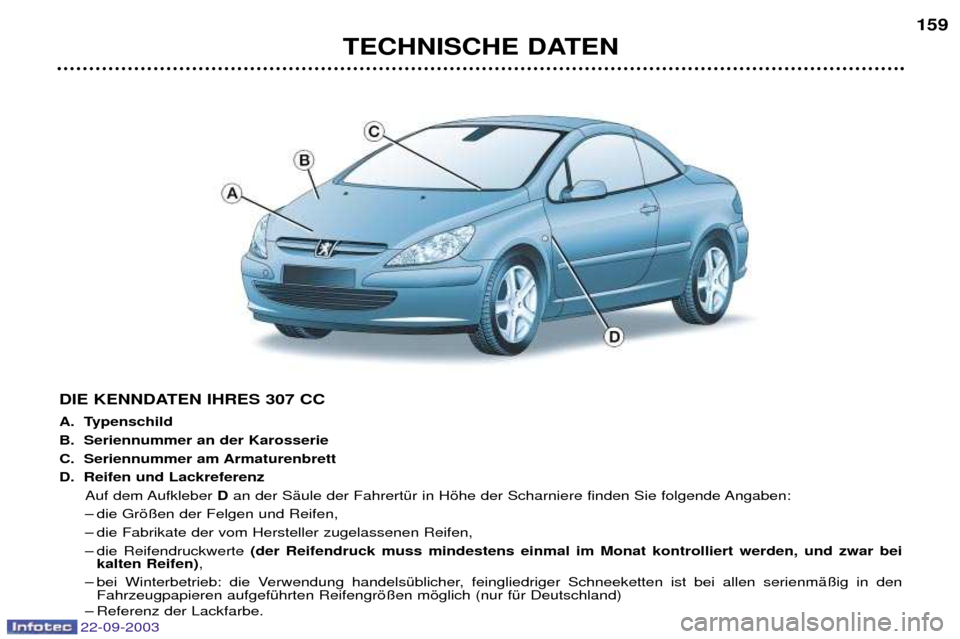 Peugeot 307 CC 2003  Betriebsanleitung (in German) TECHNISCHE DATEN159
DIE KENNDATEN IHRES 307 CC 
A. Typenschild 
B. Seriennummer an der Karosserie
C. Seriennummer am Armaturenbrett
D. Reifen und Lackreferenz Auf dem Aufkleber  Dan der SŠule der Fah