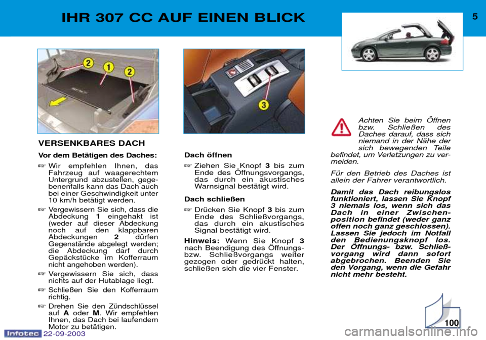 Peugeot 307 CC 2003  Betriebsanleitung (in German) 100
5IHR 307 CC AUF EINEN BLICK
VERSENKBARES DACH 
Vor dem BetŠtigen des Daches: 
Wir empfehlen Ihnen, das Fahrzeug auf waagerechtemUntergrund abzustellen, gege-benenfalls kann das Dach auchbei eine