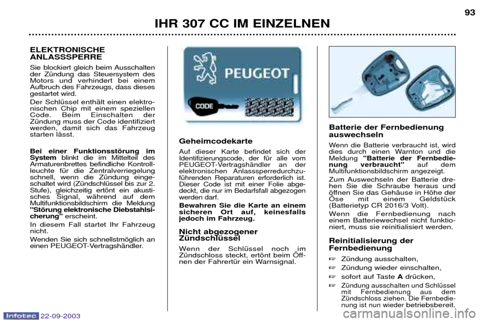 Peugeot 307 CC 2003  Betriebsanleitung (in German) 22-09-2003
IHR 307 CC IM EINZELNEN93
Geheimcodekarte
Auf dieser Karte befindet sich der Identifizierungscode, der fŸr alle vom
PEUGEOT-VertragshŠndler an derelektronischen Anlasssperredurchzu-fŸhre