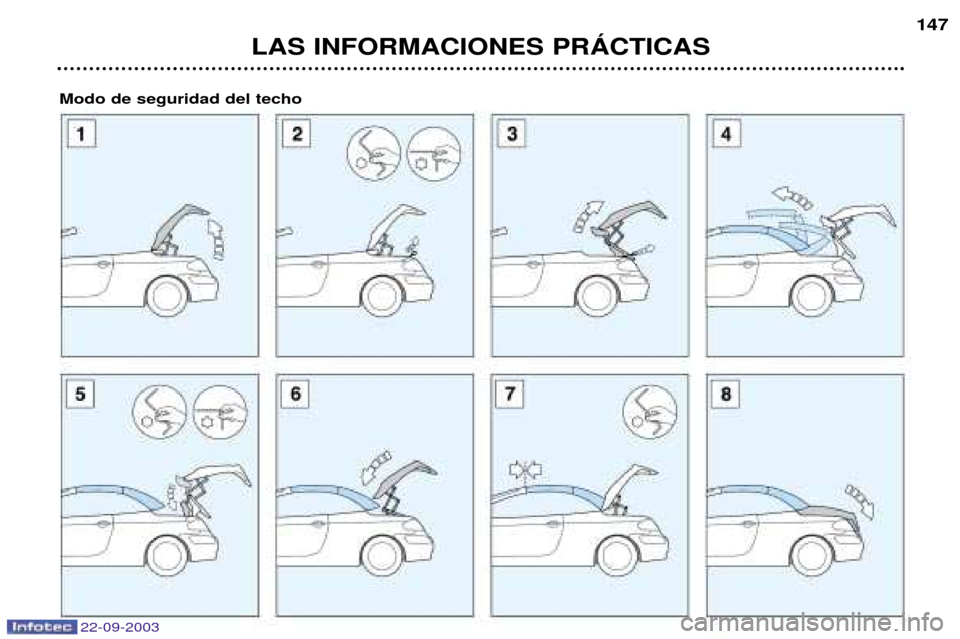 Peugeot 307 CC 2003  Manual del propietario (in Spanish) LAS INFORMACIONES PRçCTICAS147
Modo de seguridad del techo
22-09-2003  