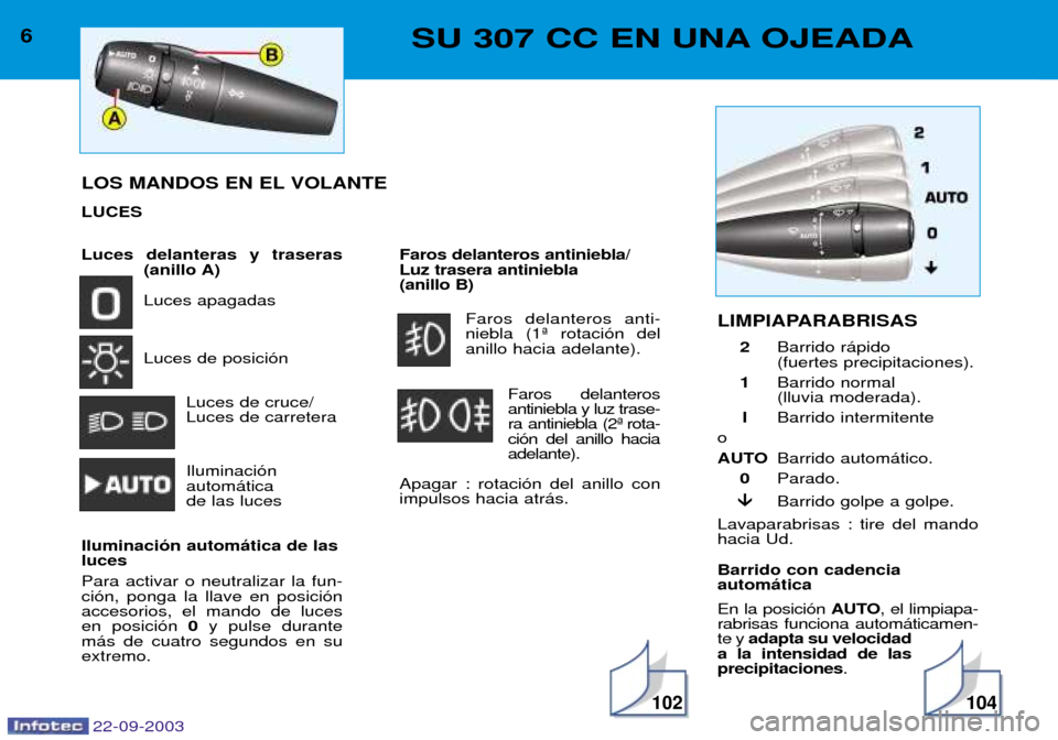 Peugeot 307 CC 2003  Manual del propietario (in Spanish) 22-09-2003
102104
6SU 307 CC EN UNA OJEADA
Luces delanteras y traseras(anillo A) Luces apagadas Luces de posici—n
Luces de cruce/ Luces de carretera Iluminaci—n autom‡ticade las luces
Iluminaci