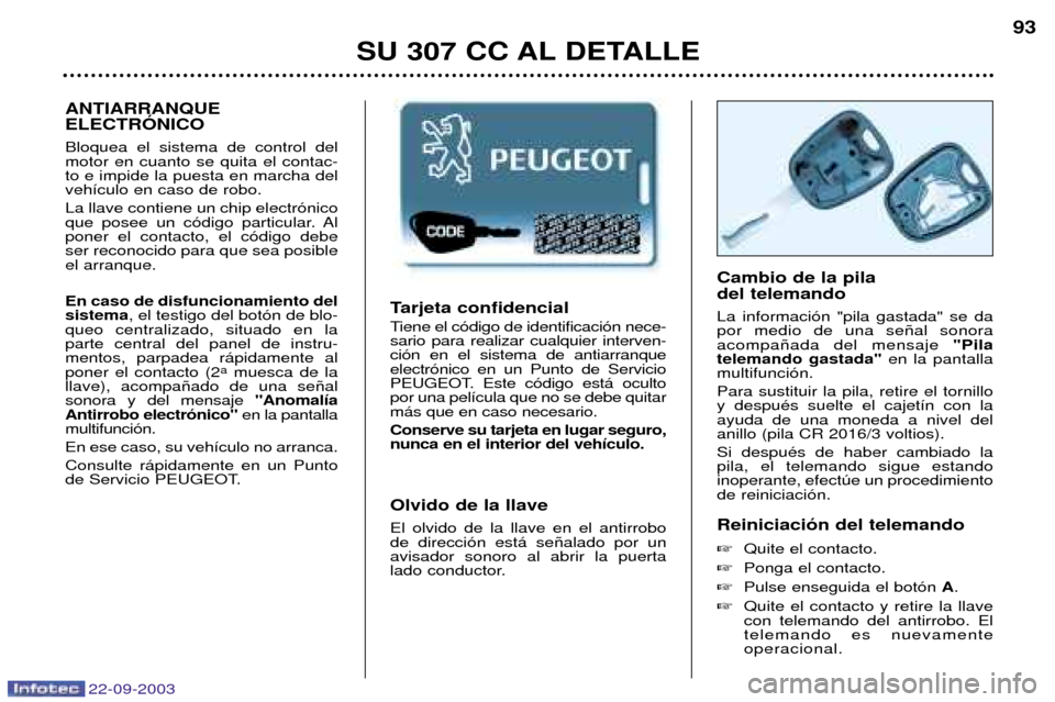 Peugeot 307 CC 2003  Manual del propietario (in Spanish) 22-09-2003
SU 307 CC AL DETALLE93
Tarjeta confidencial 
Tiene el c—digo de identificaci—n nece- sario para realizar cualquier interven-ci—n en el sistema de antiarranqueelectr—nico en un Punto