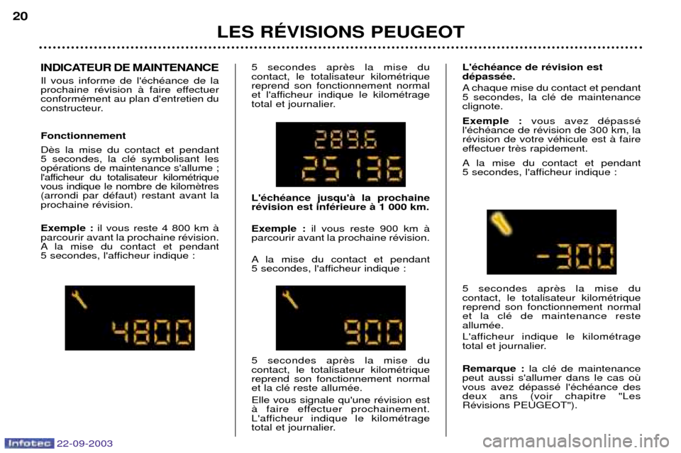 Peugeot 307 CC 2003  Manuel du propriétaire (in French) 22-09-2003
LES RƒVISIONS PEUGEOT
20
INDICATEUR DE MAINTENANCE Il vous informe de lŽchŽance de la 
prochaine rŽvision ˆ faire effectuerconformŽment au plan dentretien du
constructeur. Fonctionn