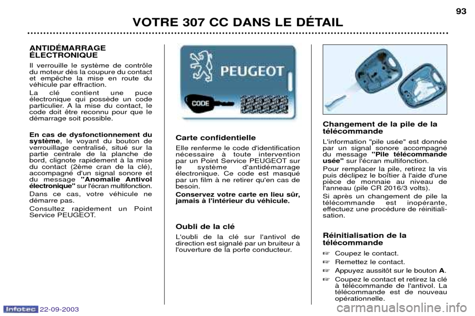 Peugeot 307 CC 2003  Manuel du propriétaire (in French) 22-09-2003
VOTRE 307 CC DANS LE DƒTAIL93
Carte confidentielle Elle renferme le code didentification nŽcessaire ˆ toute intervention 
par un Point Service PEUGEOT surle systŽlectronique. Ce code e