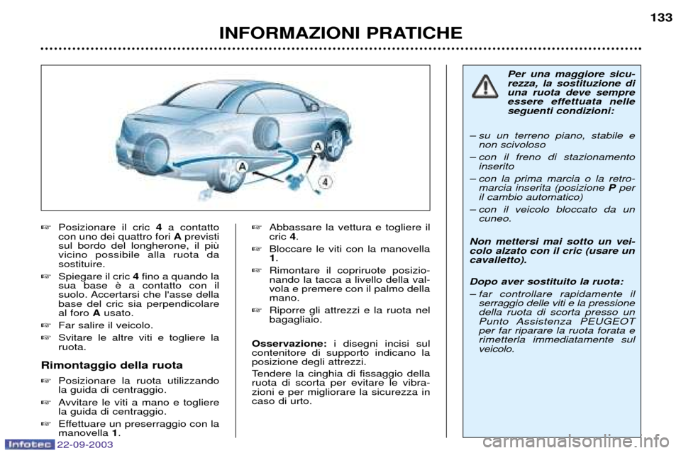 Peugeot 307 CC 2003  Manuale del proprietario (in Italian) 22-09-2003
INFORMAZIONI PRATICHE133

Posizionare il cric  4a contatto
con uno dei quattro fori  Aprevisti
sul bordo del longherone, il pi vicino possibile alla ruota dasostituire.
 Spiegare il cric 