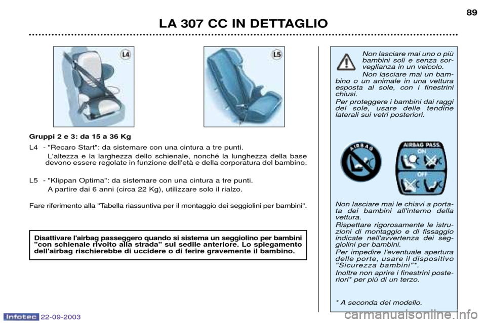 Peugeot 307 CC 2003  Manuale del proprietario (in Italian) 22-09-2003
LA 307 CC IN DETTAGLIO89
Gruppi 2 e 3: da 15 a 36 Kg 
L4 - "Recaro Start": da sistemare con una cintura a tre punti. 
Laltezza e la larghezza dello schienale, nonchŽ la lunghezza della ba