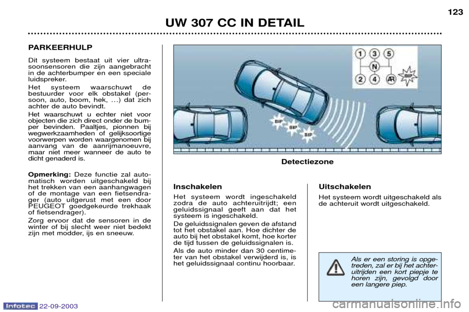 Peugeot 307 CC 2003  Handleiding (in Dutch) 22-09-2003
UW 307 CC IN DETAIL123
PARKEERHULP Dit systeem bestaat uit vier ultra- soonsensoren die zijn aangebrachtin de achterbumper en een speciale
luidspreker. Het systeem waarschuwt de bestuurder 
