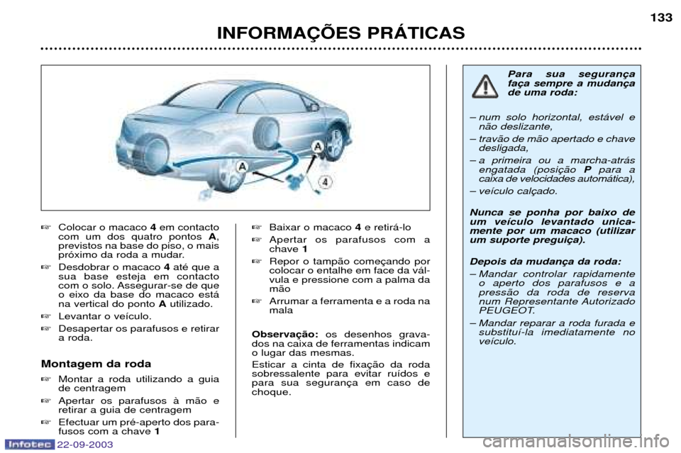 Peugeot 307 CC 2003  Manual do proprietário (in Portuguese) 22-09-2003
INFORMA‚ÍES PRçTICAS133

Colocar o macaco  4em contacto
com um dos quatro pontos  A,
previstos na base do piso, o mais 
pr—ximo da roda a mudar.
 Desdobrar o macaco  4atŽ que a
sua