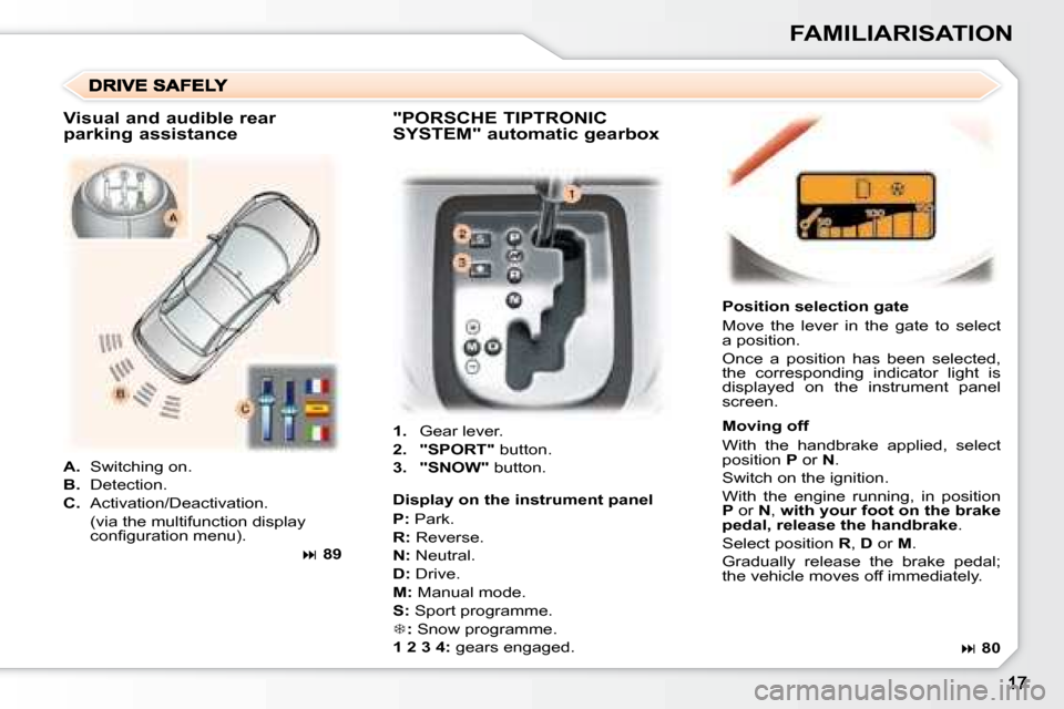 Peugeot 307 CC Dag 2007.5  Owners Manual FAMILIARISATION
   
1.    Gear lever. 
  
2.     "SPORT"   button. 
  
3.     "SNOW"   button.     Position selection gate  
 Move  the  lever  in  the  gate  to  select  
�a� �p�o�s�i�t�i�o�n�.�  
� 