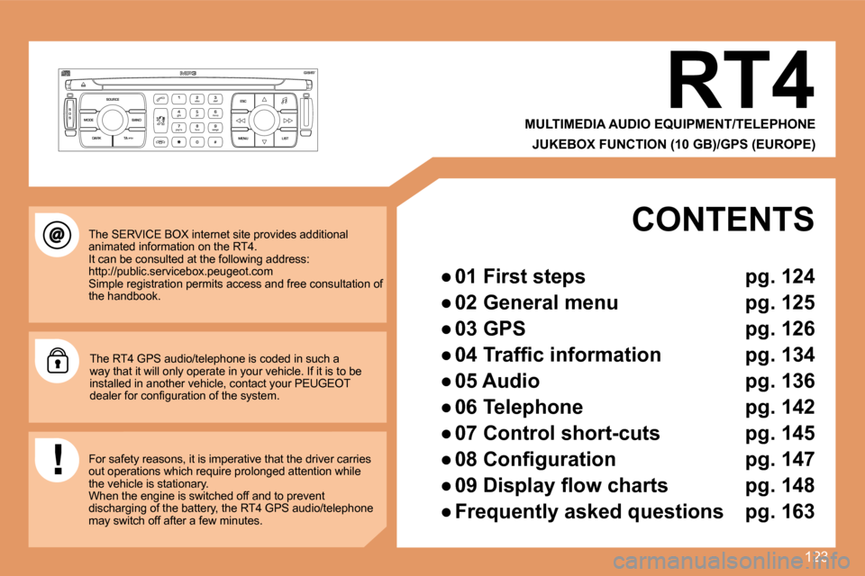 Peugeot 307 CC Dag 2007.5  Owners Manual 123
S
O S SOURCE
MODE BAND ESC
2
abc
5
jkl
8
tuv 3
def
6
mno
9
wxyz
1 4
ghi
7
pqrs
0 # MENU LIST
TA 
PTY
DARK
The SERVICE BOX internet site provides additional  
animated information on the RT4.  
It 