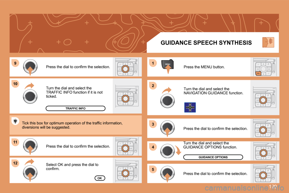 Peugeot 307 CC Dag 2007.5  Owners Manual 129
ESC
MENU LISTESC
MENU LIST
MENU9
10
11
12 1 
2 
3 
4
5ESC LIST
MENU
ESC
MENU LISTESC
MENU LIST
ESC
MENU LIST
ESC
MENU LISTESC
MENU LIST
ESC
MENU LIST
Turn the dial and select the   
TRAFFIC INFO f