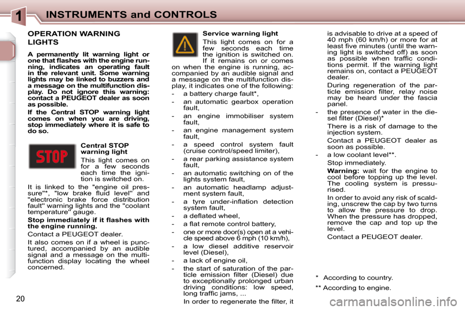 Peugeot 307 CC Dag 2007.5 User Guide 20
INSTRUMENTS and CONTROLS
 OPERATION WARNING 
LIGHTS 
  
A  permanently  lit  warning  light  or  
�o�n�e�	�t�h�a�t�	�l�	�a�s�h�e�s�	�w�i�t�h�	�t�h�e�	�e�n�g�i�n�e�	�r�u�n�-
ning,  indicates  an  op