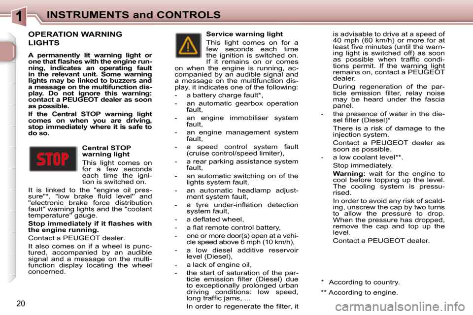 Peugeot 307 CC Dag 2007.5  Owners Manual 20
INSTRUMENTS and CONTROLS
 OPERATION WARNING 
LIGHTS 
  
A  permanently  lit  warning  light  or  
�o�n�e�	�t�h�a�t�	�l�	�a�s�h�e�s�	�w�i�t�h�	�t�h�e�	�e�n�g�i�n�e�	�r�u�n�-
ning,  indicates  an  op