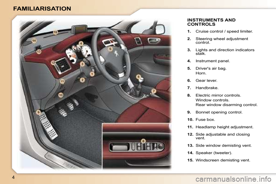 Peugeot 307 CC Dag 2006  Owners Manual �4
�F�A�M�I�L�I�A�R�I�S�A�T�I�O�N
�I�N�S�T�R�U�M�E�N�T�S� �A�N�D�  
�C�O�N�T�R�O�L�S
�1�.�  �C�r�u�i�s�e� �c�o�n�t�r�o�l� �/� �s�p�e�e�d� �l�i�m�i�t�e�r�.
�2�. �  �S�t�e�e�r�i�n�g� �w�h�e�e�l� �a�d�j�