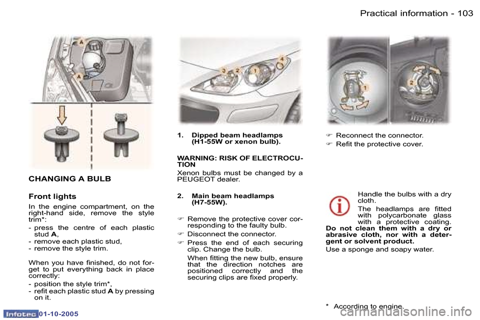 Peugeot 307 CC Dag 2005.5  Owners Manual �P�r�a�c�t�i�c�a�l� �i�n�f�o�r�m�a�t�i�o�n�1�0�2 �-
�0�1�-�1�0�-�2�0�0�5
�1�0�3�P�r�a�c�t�i�c�a�l� �i�n�f�o�r�m�a�t�i�o�n�-
�0�1�-�1�0�-�2�0�0�5
�C�H�A�N�G�I�N�G� �A� �B�U�L�B
�F�r�o�n�t� �l�i�g�h�t�s