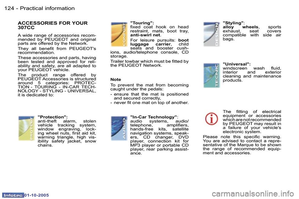 Peugeot 307 CC Dag 2005.5  Owners Manual �P�r�a�c�t�i�c�a�l� �i�n�f�o�r�m�a�t�i�o�n�1�2�4 �-
�0�1�-�1�0�-�2�0�0�5
�A�C�C�E�S�S�O�R�I�E�S� �F�O�R� �Y�O�U�R�  
�3�0�7�C�C
�A�  �w�i�d�e�  �r�a�n�g�e�  �o�f�  �a�c�c�e�s�s�o�r�i�e�s�  �r�e�c�o�m�