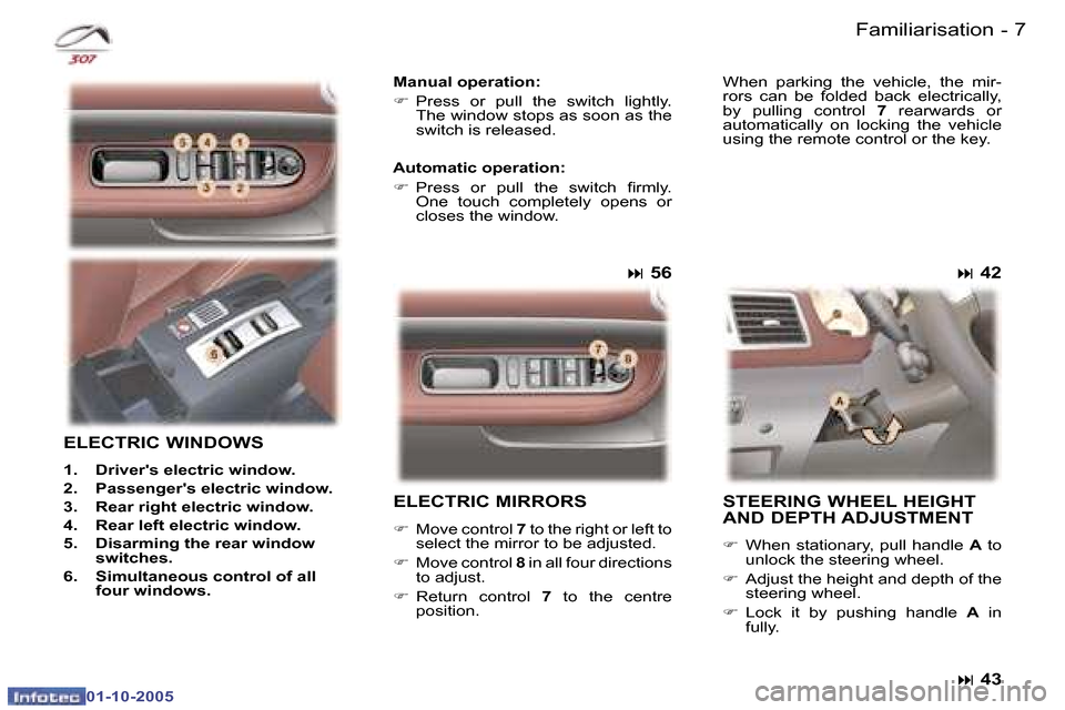 Peugeot 307 CC Dag 2005.5  Owners Manual �6 �-�F�a�m�i�l�i�a�r�i�s�a�t�i�o�n�7
�-
�F�a�m�i�l�i�a�r�i�s�a�t�i�o�n
�E�L�E�C�T�R�I�C� �M�I�R�R�O�R�S
�F
�  �M�o�v�e� �c�o�n�t�r�o�l�  �7� �t�o� �t�h�e� �r�i�g�h�t� �o�r� �l�e�f�t� �t�o� 
�s�e�l�e�