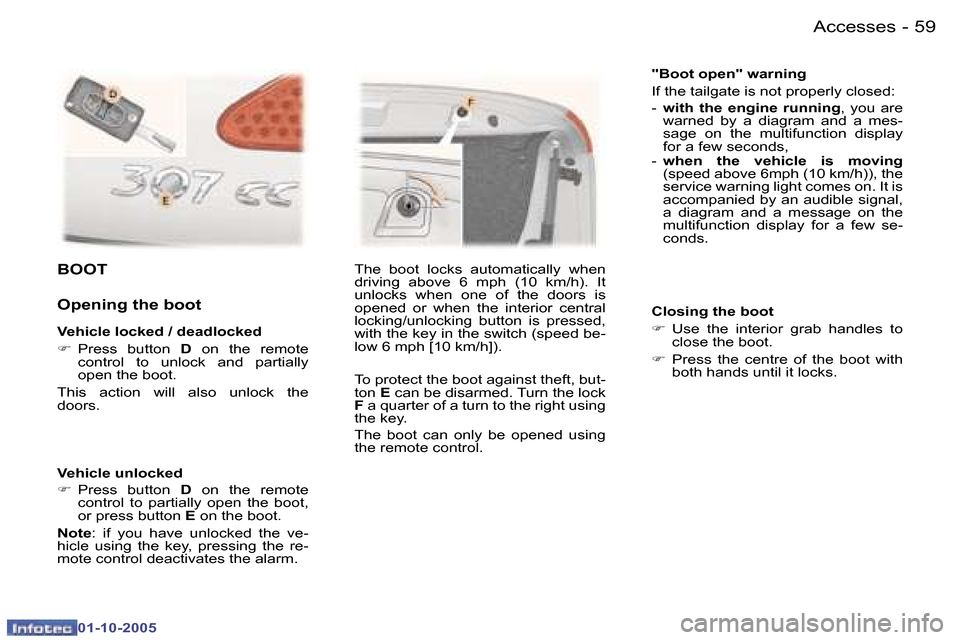 Peugeot 307 CC Dag 2005.5 Repair Manual �A�c�c�e�s�s�e�s�5�8 �-
�0�1�-�1�0�-�2�0�0�5
�5�9�A�c�c�e�s�s�e�s�-
�0�1�-�1�0�-�2�0�0�5
�V�e�h�i�c�l�e� �u�n�l�o�c�k�e�d 
�F� �P�r�e�s�s�  �b�u�t�t�o�n�  �D�  �o�n�  �t�h�e�  �r�e�m�o�t�e� 
�c�o�n�t�