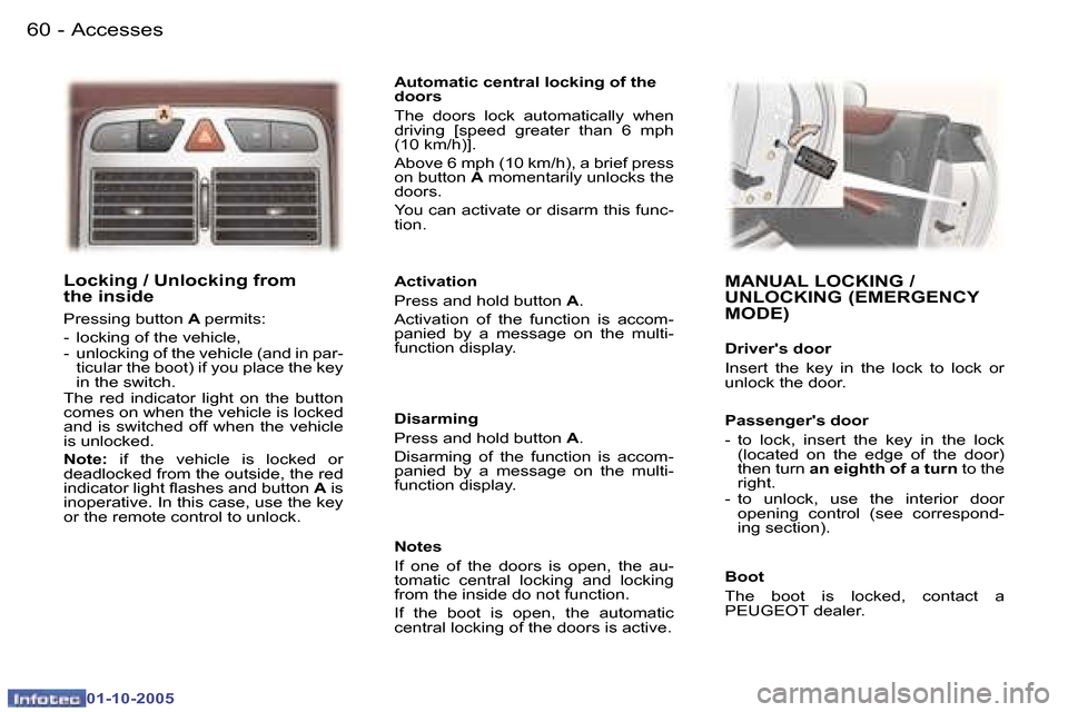 Peugeot 307 CC Dag 2005.5 Repair Manual �A�c�c�e�s�s�e�s�6�0 �-
�0�1�-�1�0�-�2�0�0�5
�6�1�A�c�c�e�s�s�e�s�-
�0�1�-�1�0�-�2�0�0�5
�L�o�c�k�i�n�g� �/� �U�n�l�o�c�k�i�n�g� �f�r�o�m�  
�t�h�e� �i�n�s�i�d�e
�P�r�e�s�s�i�n�g� �b�u�t�t�o�n� �A� �p
