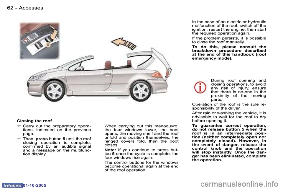 Peugeot 307 CC Dag 2005.5 Repair Manual �A�c�c�e�s�s�e�s�6�2 �-
�0�1�-�1�0�-�2�0�0�5
�6�3�A�c�c�e�s�s�e�s�-
�0�1�-�1�0�-�2�0�0�5
�C�l�o�s�i�n�g� �t�h�e� �r�o�o�f 
�F�  �C�a�r�r�y�  �o�u�t�  �t�h�e�  �p�r�e�p�a�r�a�t�o�r�y�  �o�p�e�r�a�-
�t�