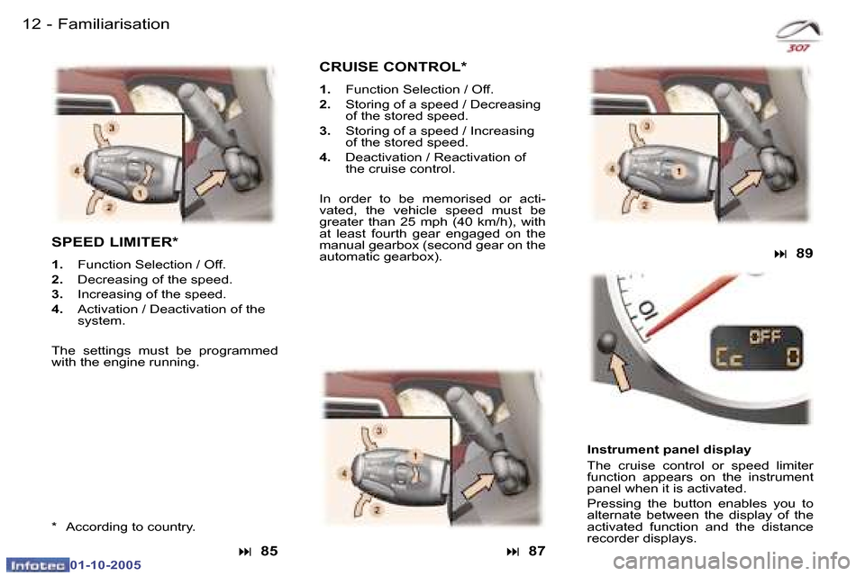 Peugeot 307 CC Dag 2005.5  Owners Manual �1�2 �-�F�a�m�i�l�i�a�r�i�s�a�t�i�o�n�1�3
�-
�F�a�m�i�l�i�a�r�i�s�a�t�i�o�n
�S�P�E�E�D� �L�I�M�I�T�E�R�*
�1�.
�  �F�u�n�c�t�i�o�n� �S�e�l�e�c�t�i�o�n� �/� �O�f�f�.
�2�. �  �D�e�c�r�e�a�s�i�n�g� �o�f� 