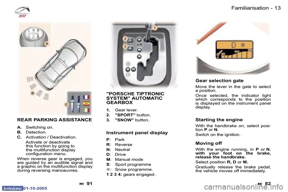 Peugeot 307 CC Dag 2005.5  Owners Manual �1�2 �-�F�a�m�i�l�i�a�r�i�s�a�t�i�o�n�1�3
�-
�F�a�m�i�l�i�a�r�i�s�a�t�i�o�n
�I�n�s�t�r�u�m�e�n�t� �p�a�n�e�l� �d�i�s�p�l�a�y �P
�:�  �P�a�r�k
�R �:�  �R�e�v�e�r�s�e
�N �:�  �N�e�u�t�r�a�l
�D �:�  �D�r
