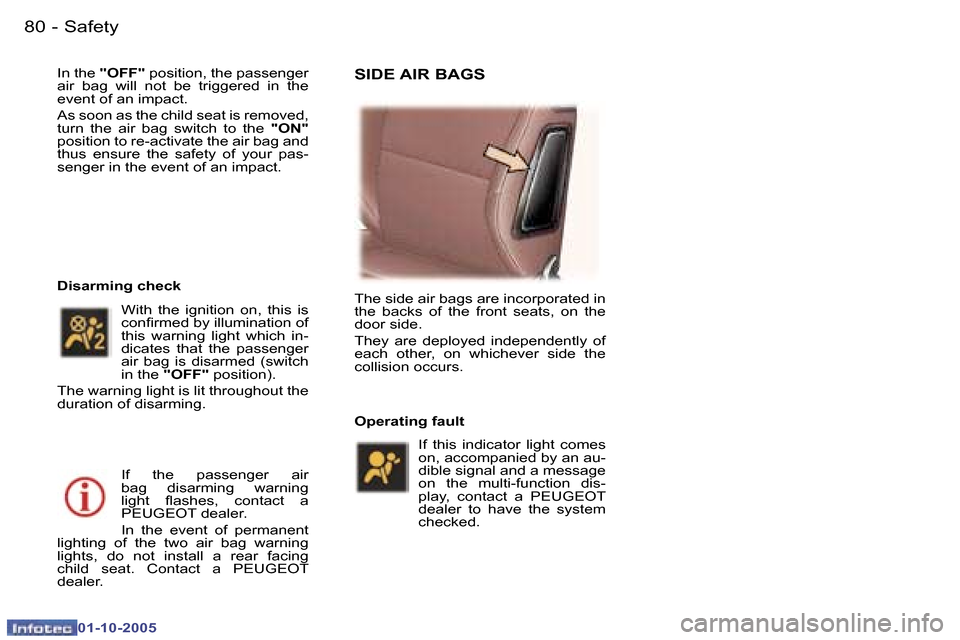 Peugeot 307 CC Dag 2005.5 Owners Manual �S�a�f�e�t�y�8�0 �-
�0�1�-�1�0�-�2�0�0�5
�8�1�S�a�f�e�t�y�-
�0�1�-�1�0�-�2�0�0�5
�I�n� �t�h�e� �"�O�F�F�"�  �p�o�s�i�t�i�o�n�,� �t�h�e� �p�a�s�s�e�n�g�e�r� 
�a�i�r�  �b�a�g�  �w�i�l�l�  �n�o�t�  �b�e�