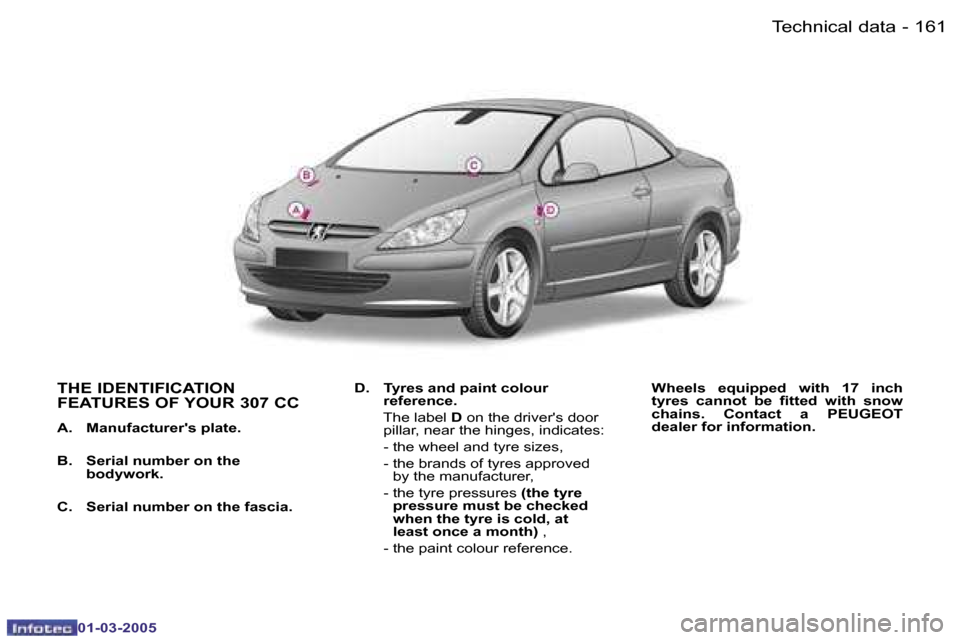 Peugeot 307 CC Dag 2005  Owners Manual �T�e�c�h�n�i�c�a�l� �d�a�t�a�1�6�0 �-
�0�1�-�0�3�-�2�0�0�5
�1�6�1�T�e�c�h�n�i�c�a�l� �d�a�t�a�-
�0�1�-�0�3�-�2�0�0�5
�T�H�E� �I�D�E�N�T�I�F�I�C�A�T�I�O�N�  
�F�E�A�T�U�R�E�S� �O�F� �Y�O�U�R� �3�0�7� �