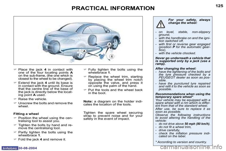 Peugeot 307 CC Dag 2004.5  Owners Manual �1�2�4
�3�0�-�0�8�-�2�0�0�4
�1�2�5
�3�0�-�0�8�-�2�0�0�4
�P�R�A�C�T�I�C�A�L� �I�N�F�O�R�M�A�T�I�O�N
�F�  �P�l�a�c�e�  �t�h�e�  �j�a�c�k�  �4�  �i�n�  �c�o�n�t�a�c�t�  �w�i�t�h� 
�o�n�e�  �o�f�  �t�h�e�