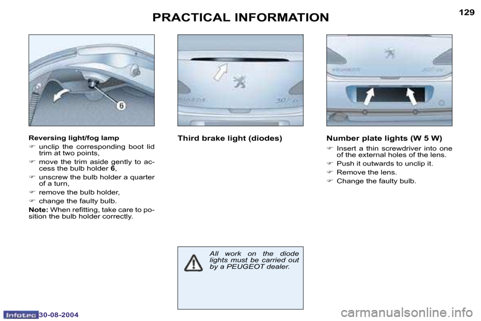 Peugeot 307 CC Dag 2004.5  Owners Manual �1�2�8
�3�0�-�0�8�-�2�0�0�4
�1�2�9
�3�0�-�0�8�-�2�0�0�4
�P�R�A�C�T�I�C�A�L� �I�N�F�O�R�M�A�T�I�O�N
�R�e�v�e�r�s�i�n�g� �l�i�g�h�t�/�f�o�g� �l�a�m�p 
�F�  �u�n�c�l�i�p�  �t�h�e�  �c�o�r�r�e�s�p�o�n�d�i