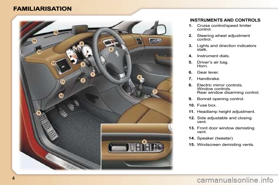 Peugeot 307 Dag 2007  Owners Manual � �I�N�S�T�R�U�M�E�N�T�S� �A�N�D� �C�O�N�T�R�O�L�S
�1�.�  �C�r�u�i�s�e� �c�o�n�t�r�o�l�/�s�p�e�e�d� �l�i�m�i�t�e�r�c�o�n�t�r�o�l�.
�2�.�  �S�t�e�e�r�i�n�g� �w�h�e�e�l� �a�d�j�u�s�t�m�e�n�t�c�o�n�t�r�o