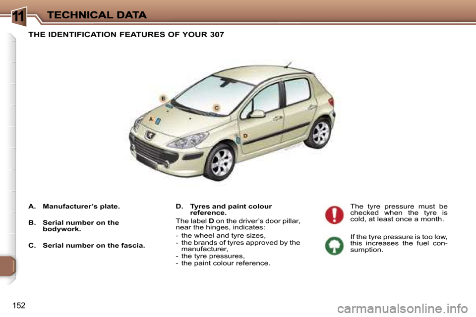 Peugeot 307 Dag 2007  Owners Manual �1
�1�5�2
�T�H�E� �I�D�E�N�T�I�F�I�C�A�T�I�O�N� �F�E�A�T�U�R�E�S� �O�F� �Y�O�U�R� �3�0�7
�D�.�  �T�y�r�e�s� �a�n�d� �p�a�i�n�t� �c�o�l�o�u�r� �r�e�f�e�r�e�n�c�e�.
�T�h�e� �l�a�b�e�l� �D� �o�n� �t�h�e�