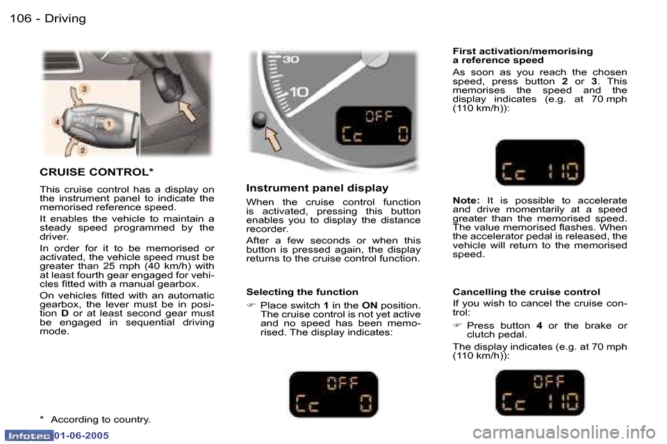 Peugeot 307 Dag 2005  Owners Manual  1 0 6  -
 0 1 - 0 6 - 2 0 0 5
 1 0 7
 -
 0 1 - 0 6 - 2 0 0 5
 C R U I S E   C O N T R O L *
 T h i s    c r u i s e    c o n t r o l    h a s    a    d i s p l a y    o n   
 t h e    i n s t r u m e