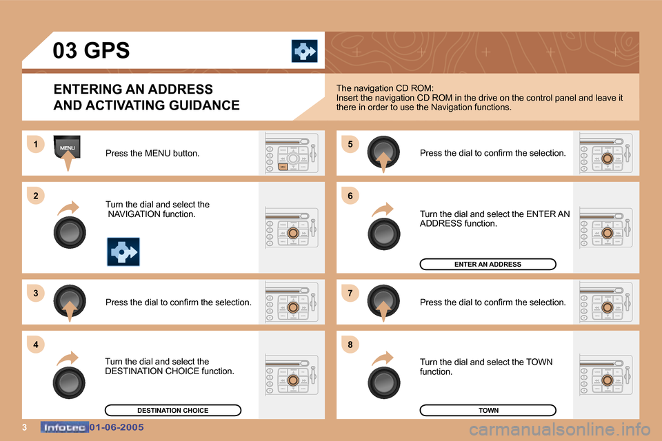 Peugeot 307 Dag 2005  Owners Manual �3�0�1�-�0�6�-�2�0�0�5�0�1�-�0�6�-�2�0�0�5
�0�3� �G�P�S�E�N�T�E�R�I�N�G� �A�N� �A�D�D�R�E�S�S 
�A�N�D� �A�C�T�I�V�A�T�I�N�G� �G�U�I�D�A�N�C�E
�P�r�e�s�s� �t�h�e� �M�E�N�U� �b�u�t�t�o�n�. 
�T�u�r�n� �t