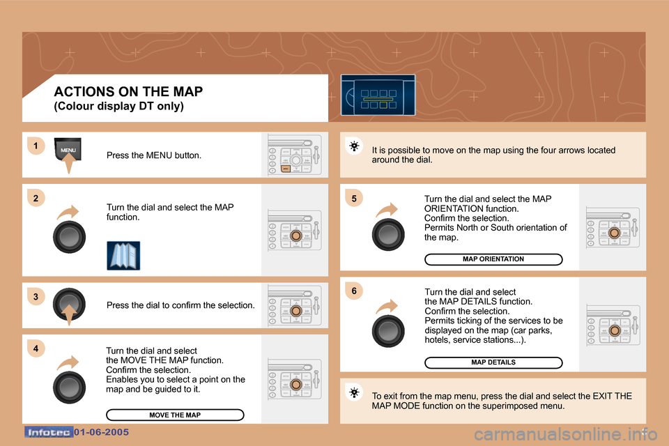 Peugeot 307 Dag 2005  Owners Manual �8�0�1�-�0�6�-�2�0�0�5�0�1�-�0�6�-�2�0�0�5
�P�r�e�s�s� �t�h�e� �M�E�N�U� �b�u�t�t�o�n�. 
�T�u�r�n� �t�h�e� �d�i�a�l� �a�n�d� �s�e�l�e�c�t� �t�h�e� �M�A�P 
�f�u�n�c�t�i�o�n�. 
�P�r�e�s�s� �t�h�e� �d�i�