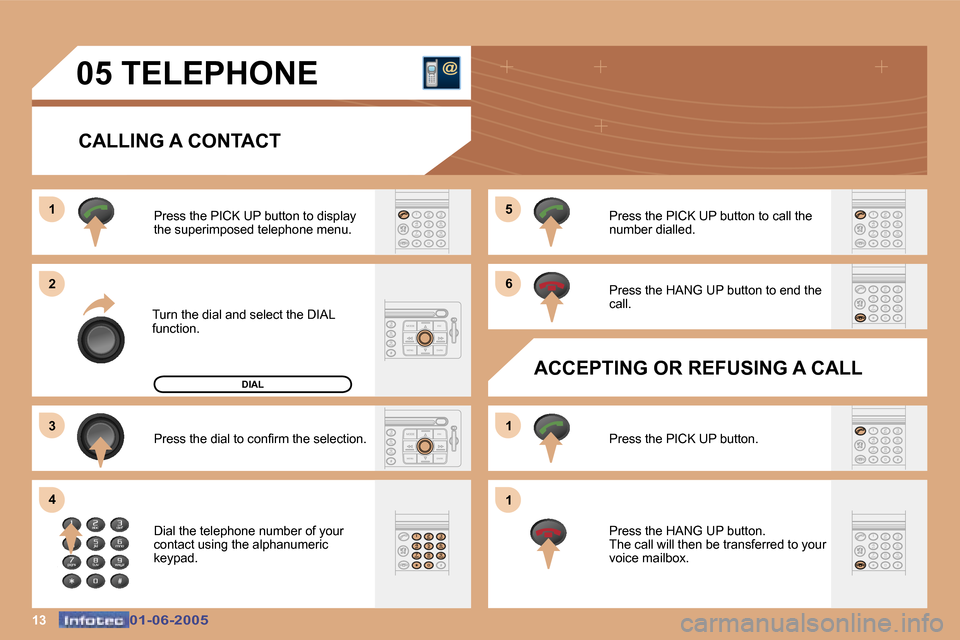 Peugeot 307 Dag 2005  Owners Manual �5 
�6 
�1 
�1
�1�3�0�1�-�0�6�-�2�0�0�5�0�1�-�0�6�-�2�0�0�5
�0�5� �T�E�L�E�P�H�O�N�E�C�A�L�L�I�N�G� �A� �C�O�N�T�A�C�T
�T�u�r�n� �t�h�e� �d�i�a�l� �a�n�d� �s�e�l�e�c�t� �t�h�e� �D�I�A�L 
�f�u�n�c�t�i�