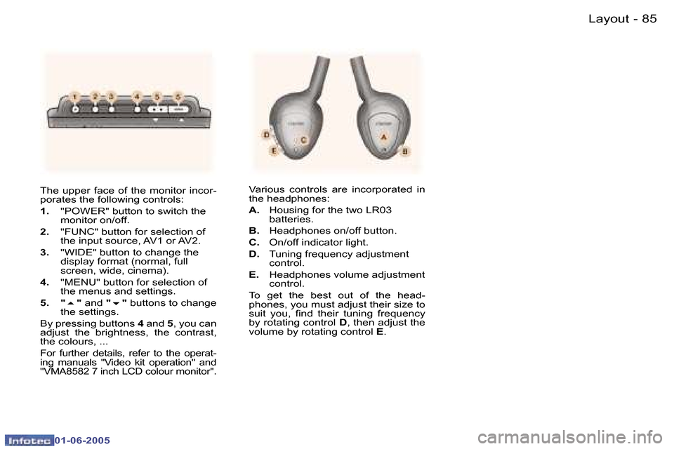 Peugeot 307 Dag 2005 Owners Manual  8 4  -
 0 1 - 0 6 - 2 0 0 5
 8 5
 -
 0 1 - 0 6 - 2 0 0 5
 T h e    u p p e r    f a c e    o f    t h e    m o n i t o r    i n c o r - 
 p o r a t e s   t h e   f o l l o w i n g   c o n t r o l s :