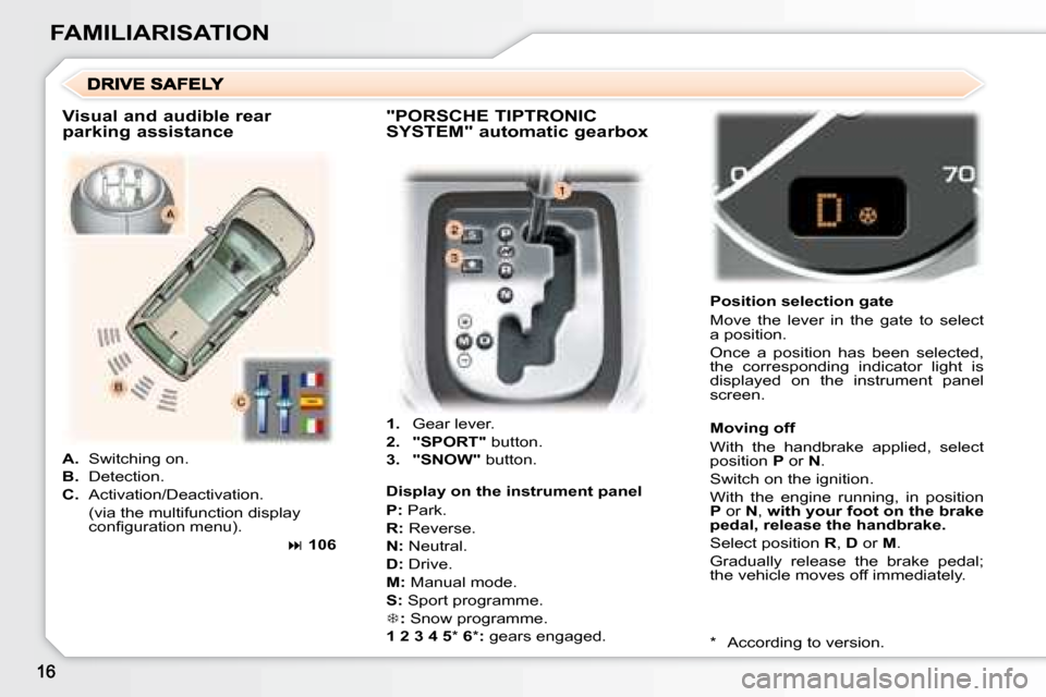 Peugeot 307 SW 2007.5  Owners Manual FAMILIARISATION
   
1.    Gear lever. 
  
2.     "SPORT"   button. 
  
3.     "SNOW"   button.     Position selection gate  
 Move  the  lever  in  the  gate  to  select  
�a� �p�o�s�i�t�i�o�n�.�  
� 