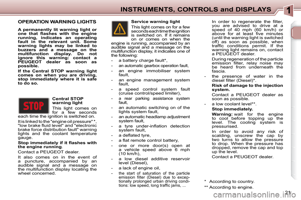 Peugeot 307 SW 2007.5 User Guide 21
INSTRUMENTS, CONTROLS and DISPLAYS
 OPERATION WARNING LIGHTS 
  
A  permanently  lit  warning  light  or  
�o�n�e�	 �t�h�a�t�	 �l�	�a�s�h�e�s�	 �w�i�t�h�	 �t�h�e�	 �e�n�g�i�n�e�	
running,  indicate