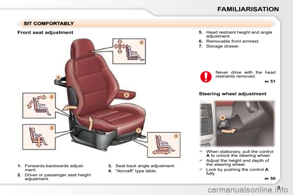 Peugeot 307 SW 2007.5  Owners Manual FAMILIARISATION
  
5.    Head restraint height and angle 
�a�d�j�u�s�t�m�e�n�t�.� 
  
6.    Removable front armrest. 
  
7. � �  �S�t�o�r�a�g�e� �d�r�a�w�e�r�.� � 
� �N�e�v�e�r�  �d�r�i�v�e�  �w�i�t�h