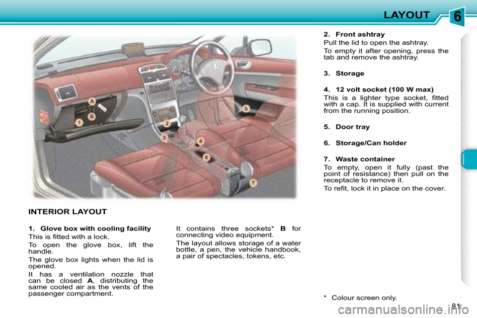 Peugeot 307 SW 2007.5  Owners Manual 81
LAYOUT
 INTERIOR LAYOUT 
  
2.     Front ashtray    
�P�u�l�l� �t�h�e� �l�i�d� �t�o� �o�p�e�n� �t�h�e� �a�s�h�t�r�a�y�.� �  
�T�o�  �e�m�p�t�y�  �i�t�  �a�f�t�e�r�  �o�p�e�n�i�n�g�,�  �p�r�e�s�s�  