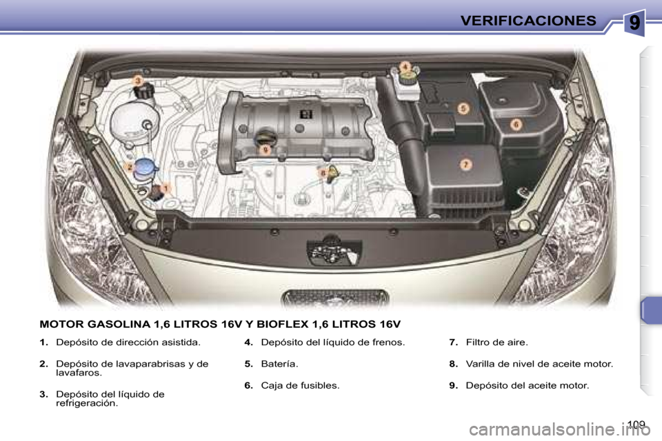 Peugeot 307 SW 2007.5  Manual del propietario (in Spanish) 109
VERIFICACIONES
   
1.    Depósito de dirección asistida. 
  
2.    Depósito de lavaparabrisas y de 
lavafaros. 
  
3.    Depósito del líquido de 
refrigeración.    
4.    Depósito del líqu