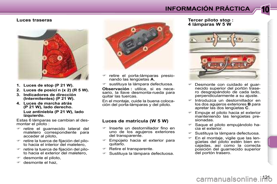 Peugeot 307 SW 2007.5  Manual del propietario (in Spanish) 10
121
INFORMACIÓN PRÁCTICA
�	�	�	�1�.�	�	 �	�L�u�c�e�s�	�d�e�	�s�t�o�p�	�(�P�	�2�1�	�W�)�.�	�	 
�	�	�2�.�	�	 �	�L�u�c�e�s�	�d�e�	�p�o�s�i�c�i