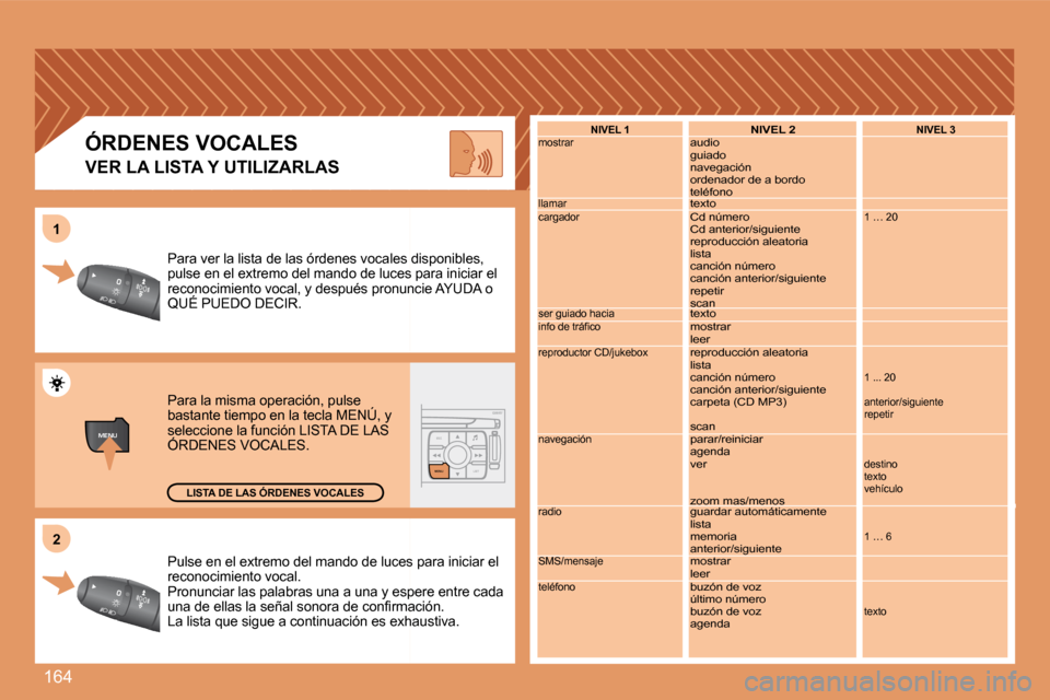 Peugeot 307 SW 2007.5  Manual del propietario (in Spanish) 164
MENUESCLIST
MENU
2
1
Pulse en el extremo del mando de luces para iniciar
 el 
reconocimiento vocal. 
Pronunciar las palabras una a una y espere entre ca da 
�u�n�a� �d�e� �e�l�l�a�s� �l�a� �s�e�ñ